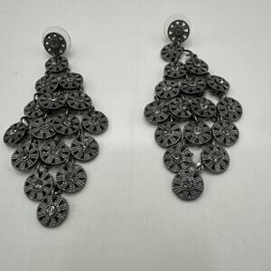 Cascading Chandelier Earrings Gunmetal Gray Medallions Rhinestone 3" Statement